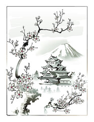 Japanese palace and branches of blossoming sakura on the background of the mountain. Vector illustration in traditional oriental style.