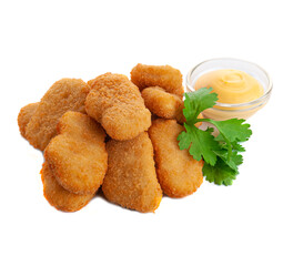 Chicken nuggets with herbs and cheese sauce. Close-up. Isolate. White background.