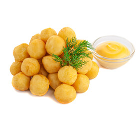 Korokke potato balls with herbs and cheese sauce. Close-up. Isolate. White background.