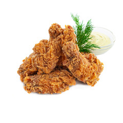 Breaded chicken wings. Deep-fried with herbs and garlic sauce. Close-up. Isolate. White background.