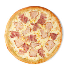 Pizza Carbonara with delicate chop, bacon and mozzarella cheese. View from above. White background. Isolated.