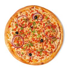 Vegetarian pizza. Mozzarella cheese with tomatoes, paprika, onions and olives. View from above. White background. Isolated.