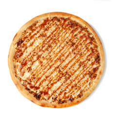 Sweet pizza with butter cream, peanuts, caramel and mozzarella cheese. View from above. White background. Isolated.