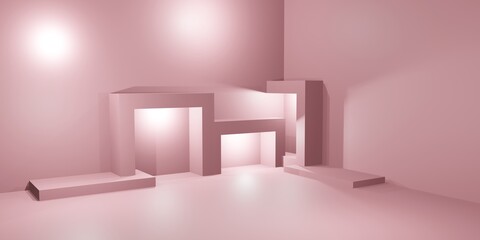 The Pink room was lit up in a square shape, 3D Rendering