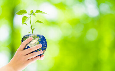 地球模様の植木鉢を持つ女性　環境イメージ　サステナブル　SDGs