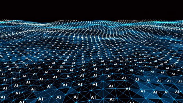 4k abstract Digital blue Wave of particles with AI word dance motion on wave and light.Futuristic dots background with a dynamic wave.Big data.Cyber or technology background.artificial intelligence.