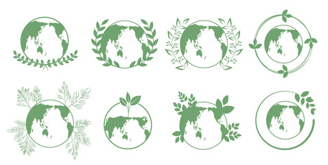 Earth day concept illustration. Green planet icons for Green, Ecology, Sustainable. Vector illustration. 地球アイコン、エコ、再生、リサイクル、環境アイコン