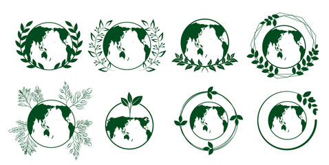 Earth day concept illustration. Green planet icons for Green, Ecology, Sustainable. Vector illustration. 地球アイコン、エコ、再生、リサイクル、環境アイコン