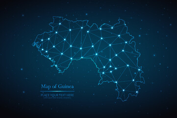 Abstract map of Guinea geometric mesh polygonal network line, structure and point scales on dark background. Vector illustration eps 10