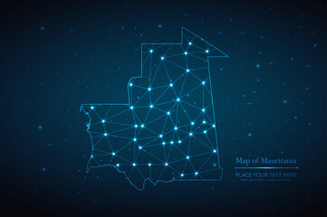 Abstract map of Mauritania geometric mesh polygonal network line, structure and point scales on dark background. Vector illustration eps 10