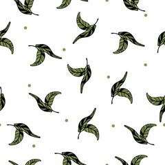 Seamless pattern with green leaves with veins and circles for clothing, textiles, packaging, wrapping paper. Hand-drawn floral pattern. Background.