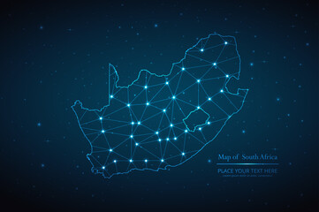 Abstract map of South Africa geometric mesh polygonal network line, structure and point scales on dark background. Vector illustration eps 10