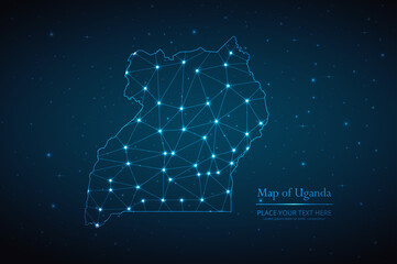 Abstract map of Uganda geometric mesh polygonal network line, structure and point scales on dark background. Vector illustration eps 10