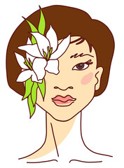 Modern Beauty asian girl portrait with flowers on face. Woman with white lily. Line style doodle Vector illustration