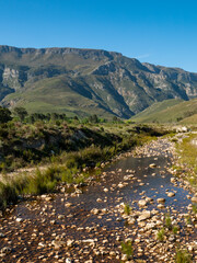 Fototapeta na wymiar Gobos River with Riviersonderend Mountains in background. Greyton. Western Cape. South Africa