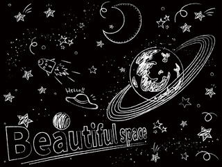 宇宙アイコンのチョーク風　落書き　白黒Ver　ベクター © 凛と空