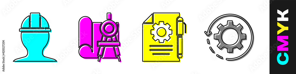 Poster set worker safety helmet, graphing paper and compass, document settings and pen and gear and arrows 
