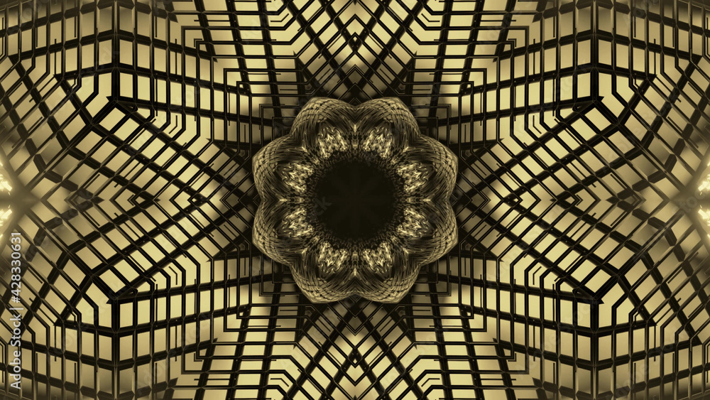 Poster 3d rendering of kaleidoscope design pattern black and yellow colors