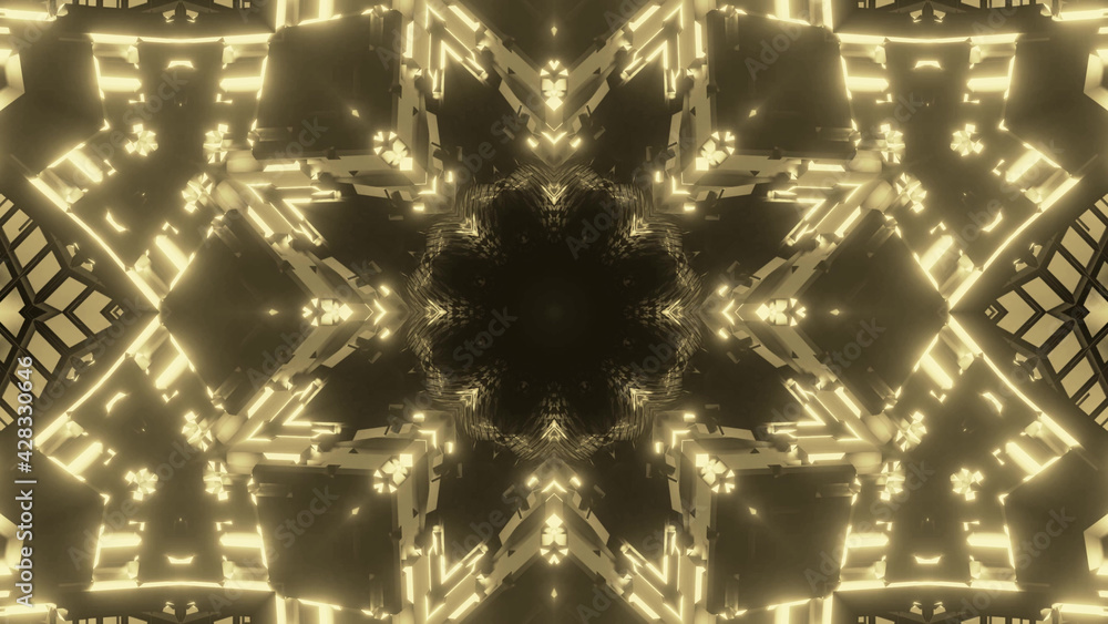 Poster 3d rendering of kaleidoscope design pattern black and yellow colors