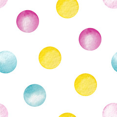 Seamless watercolor pattern for decorating baby products. Multicolored circles on a white background for cards, gift wrapping, textiles, children's rooms. Colored peas