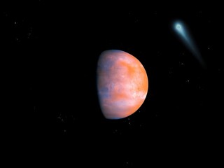 Fantastic planet in space with a big comet. Exoplanet from another star system. Beautiful abstract background 3d illustration.