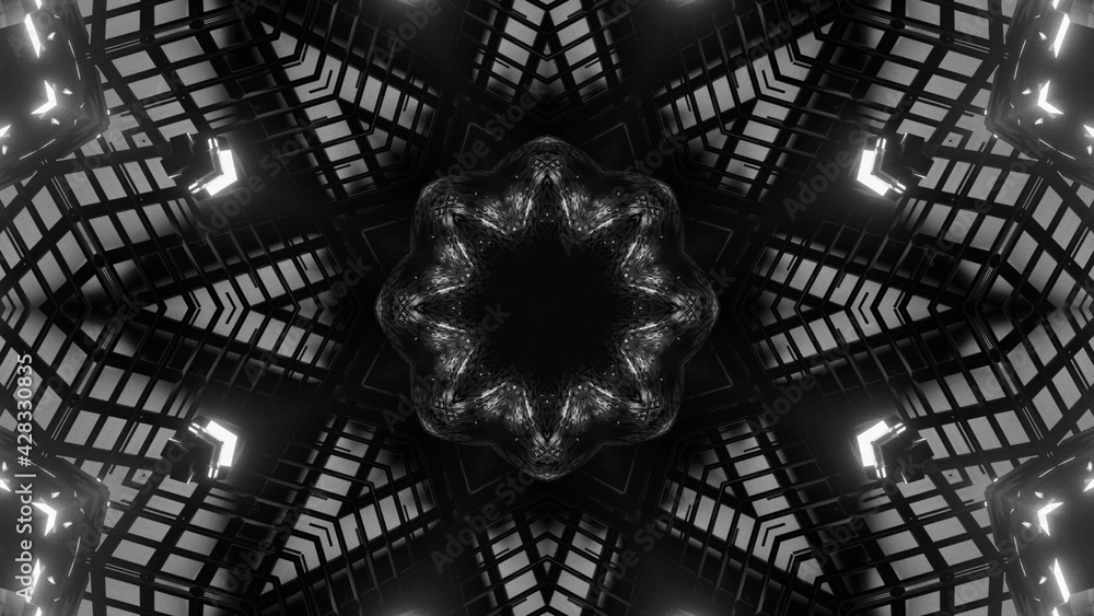 Poster 3d rendering of a futuristic background with geometric shapes and black and white colors