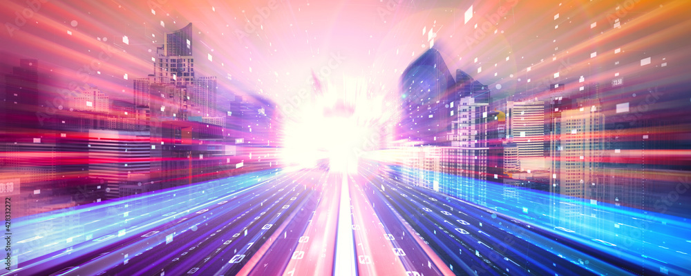 Poster digital data flow on road with motion blur to create vision of fast speed transfer . concept of futu