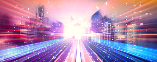 Digital data flow on road with motion blur to create vision of fast speed transfer . Concept of...