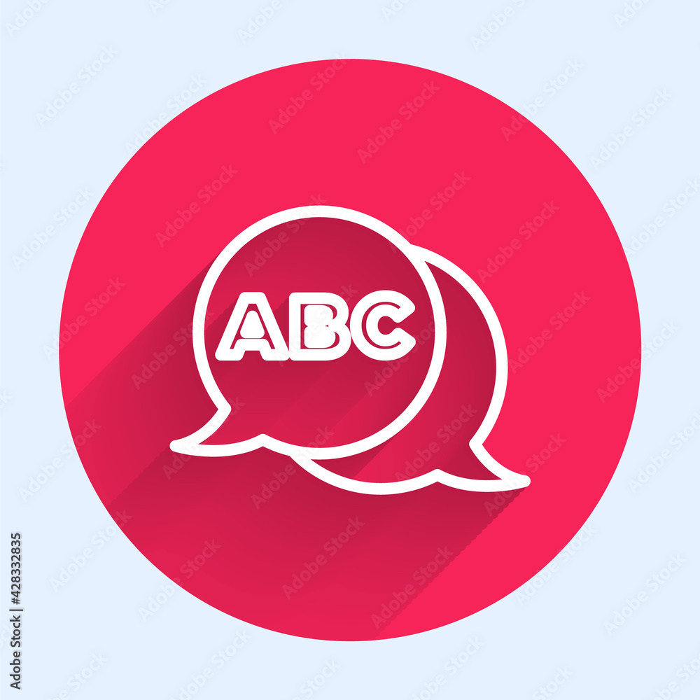 Poster white line alphabet icon isolated with long shadow. red circle button. vector