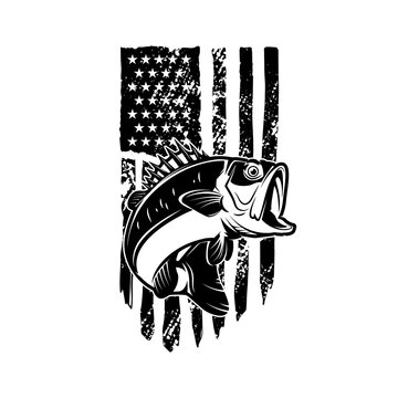 Bass fish on american flag background . Design element for logo, label, sign, emblem, poster. Vector illustration