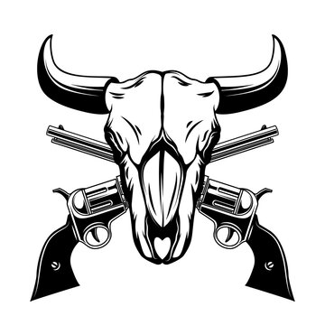 Illustration of buffalo skull and cowboy revolvers . Design element for logo, label, sign, emblem, poster. Vector illustration