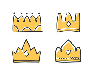 Colored hand drawn doodle crowns, four king or queen crowns