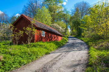 Fototapeta na wymiar Idyllic red barn at dirt road at springtime