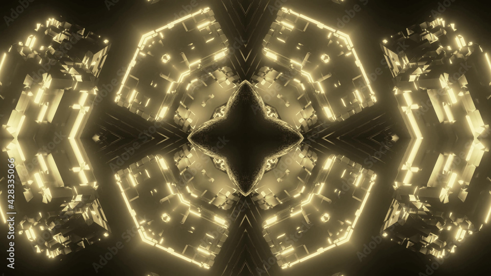 Poster 3d rendering of a futuristic background colored by black and yellow geometric shapes