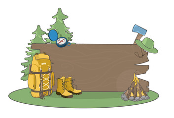Tourist items and a bulletin board. Set of items for comfortable camping. Space for your text. Background, frame, design element. EPS 10.