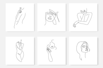 Woman Abstract Faces One Line Drawing Prints Set of 6. FEmale Faces Portrait Minimalist Style. Modern Minimal Prints. Trendy Illustration Continuous Line Art. Fashion Minimal Logo. Vector EPS 10