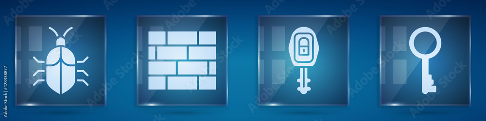 Poster set system bug concept, bricks, car key with remote and old key. square glass panels. vector