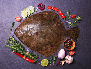 Flounder fish on black background with spices and vegetables