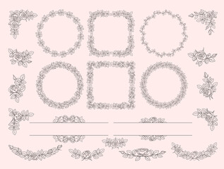 Frame and Wreath with rose flowers collection. Floral set for greeting card, invitation and other printing design. Hand-drawn vector illustration