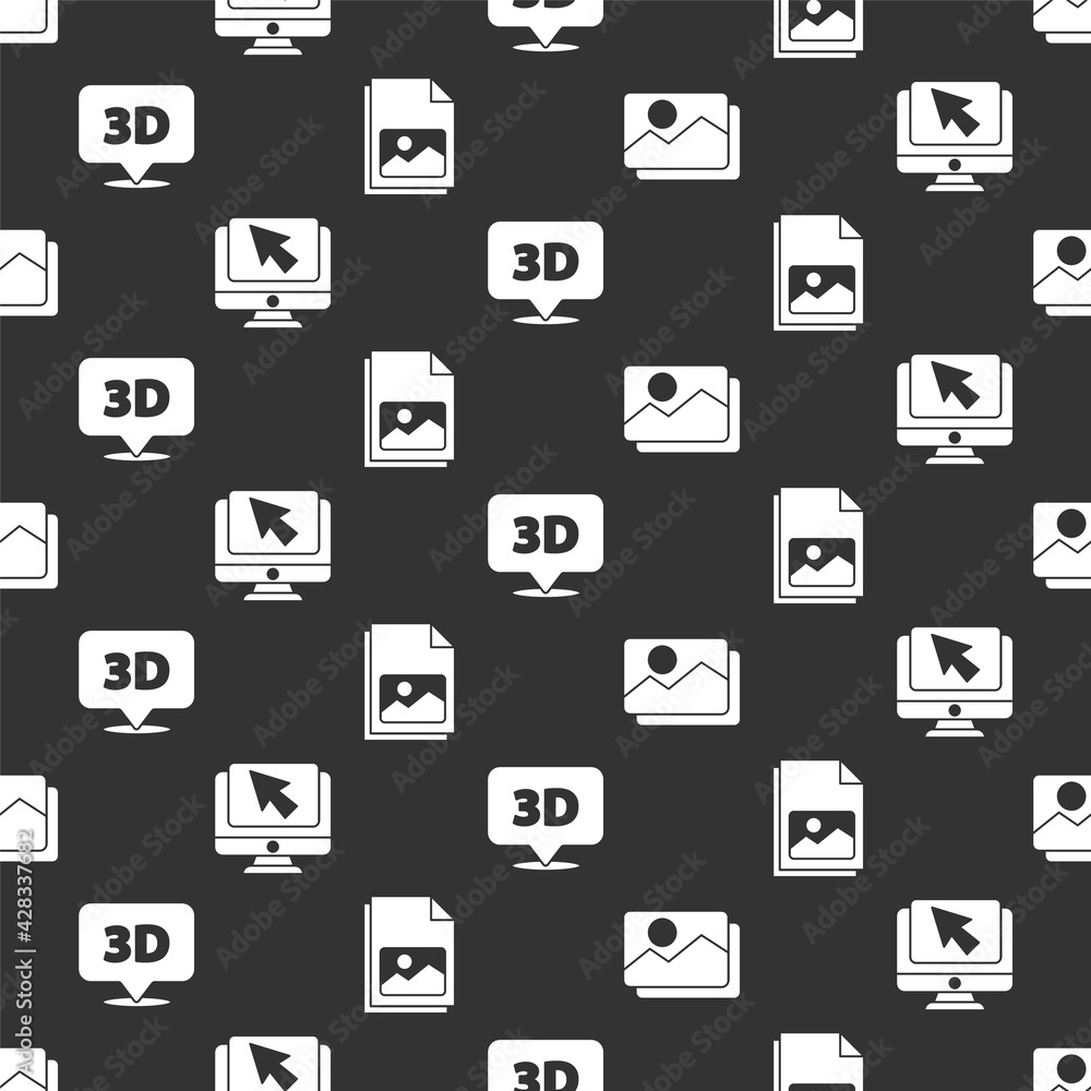Poster set picture landscape, computer monitor and cursor, speech bubble with text 3d and picture landscape