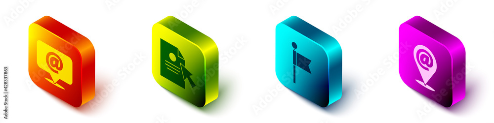 Aufkleber set isometric mail and e-mail, document and cursor, location marker and location and mail and e-mail