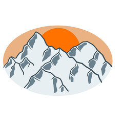 Mountains and natural landscape. Tourism in Northern country. Logo for Mountaineering and climbing. Snow on rocks, sun and sunrise. Red sky and sun. Hand-drawn sketch cartoon