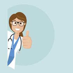 Fototapeta premium The female doctor peeks around the corner and show hand with thumb up. Vector flat illustration.