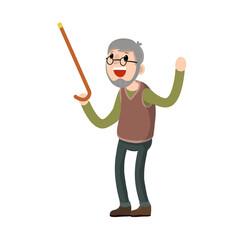 Funny old man with cane. Senior point direction. gesture of raised hands up. Active Lifestyle and recreation grandfather. Cartoon flat illustration