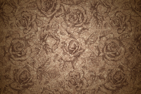 Fine Art Natural cork Textures with Hand drawn roses Flower overlay. Portrait Photo Floral Textures Backdrop Digital Studio Background, Best for cute family photos, atmospheric newborn designs