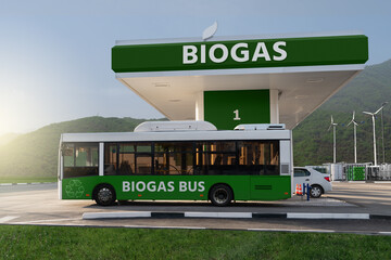 Bus and car at the biogas filling station. Carbon neutral transportation concept	