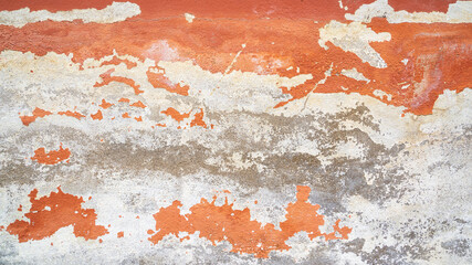 old orange painted wall, cracked paint on concrete wall, poster, loft or grunge style, abstract texture for background, Almost all coatings have come off, close up, Horizontal orientation, copy space