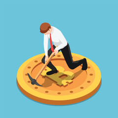 Isometric Businessman Use Pickaxe Digging on Bitcoin
