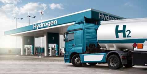 Truck with hydrogen fuel tank trailer on a background of H2 filling station. Concept - obrazy, fototapety, plakaty