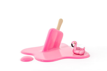 Pink stick ice cream melting with Pink Flamingo float, tropical bird shape inflatable swimming pool ring on white background 3d rendering. 3d illustration Summer minimal concept.